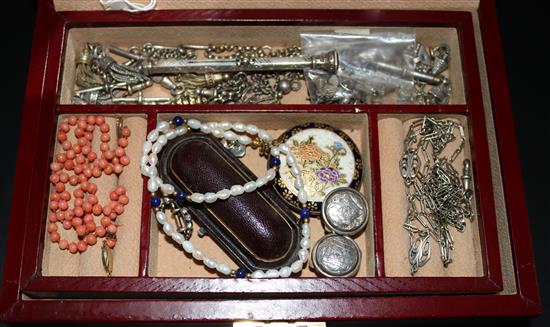 Leather box of coral, silver, coral studs & mixed dress jewellery